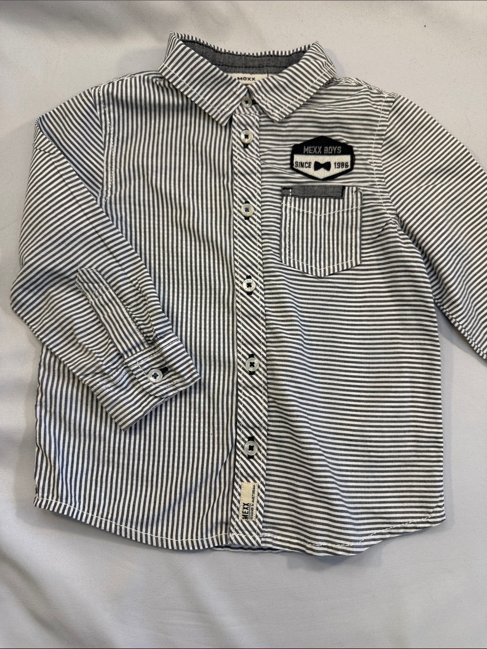 Mexx Boys White and Navy Striped Button-Down Shirt with Patch